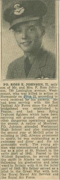 Ross Johnson Newspaper VM July 20 1944 Montreal